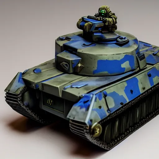 Prompt: a futuristic battletank with blue camouflage paint, double barreled main gun, heavy machinegun on top, science fiction, coherent, studio lighting, simon stalenhag, detailed painted games workshop miniature