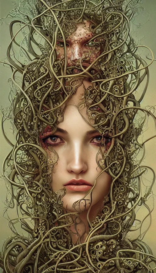 Image similar to very detailed portrait of a 2 0 years old girl surrounded by tentacles, the youg woman visage is blooming from fractal and vines, by karol bak