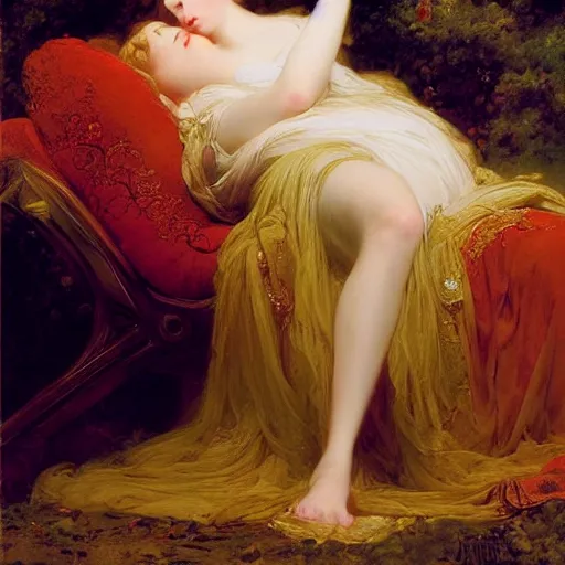 Image similar to blonde beautiful sleeping princess by Franz Xaver Winterhalter and Delphin Enjolras and Rebecca Guay