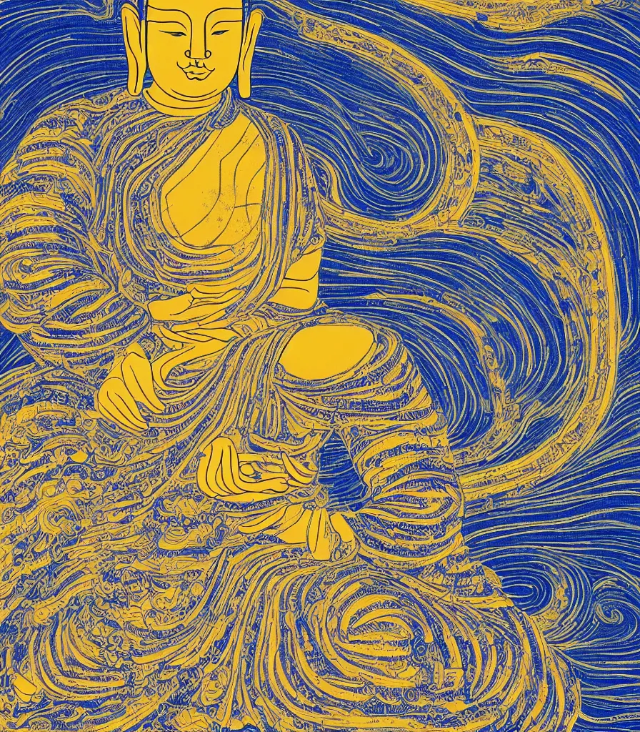 Image similar to a beautiful lineart painting of who buddhas meditating on a big cliff gazing into the universe, 4 k, high resolution, symmetrical lines, blue and gold color scheme, golden ratio