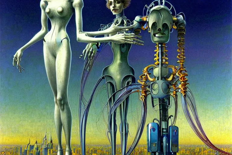 Image similar to realistic extremely detailed portrait painting of a ghost woman posing with anthropomorphic supercomputer robot, futuristic sci-fi city on background by Jean Delville, Amano, Yves Tanguy, Alphonse Mucha, Ernst Haeckel, Edward Robert Hughes, Roger Dean, rich moody colours, blue eyes