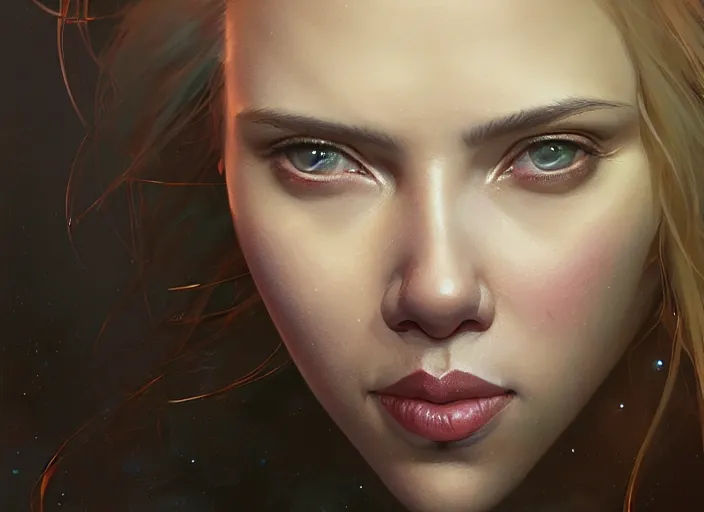 Image similar to highly detailed portrait of scarlett johansson, stephen bliss, unreal engine, art by greg rutkowski, loish, rhads, ferdinand knab, makoto shinkai and lois van baarle, ilya kuvshinov, rossdraws, tom bagshaw, global illumination, radiant light, detailed and intricate environment