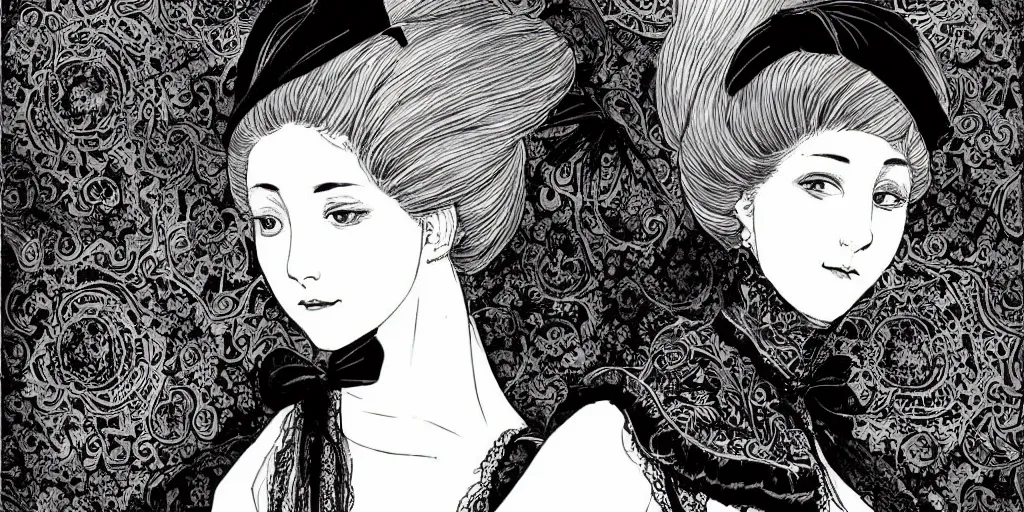 Image similar to Portrait a woman in Victorian clothing, Art by Yana Toboso, manga, black and white, japanese ink, high contrast, digital art