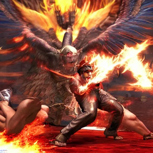 Prompt: Gods angels Tekken 7 battling hell demons biblical battle game Tekken Classic extreme combo combat.