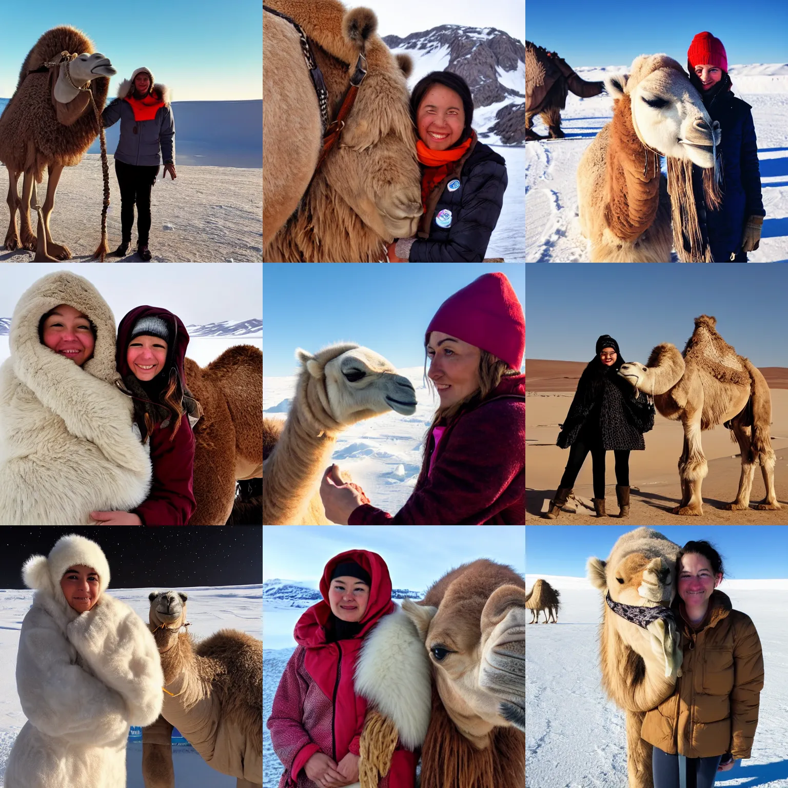 Prompt: an eskimo with her arm around a camel at the arctic