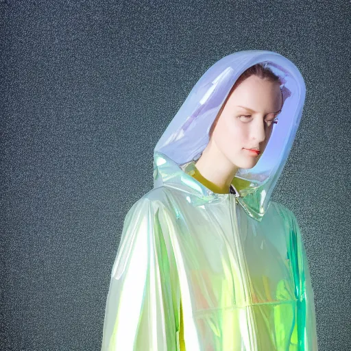 Image similar to an ultra high definition professional studio quality photograph of a transparent iridescent perspex pastel coloured raincoat tent combo on a model in an empty white room. dramatic lighting, ray tracing, refraction, shallow d. o. f, colour corrected, golden ratio, three point light. volumetric shadows. light rays.