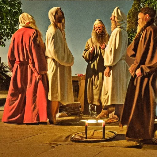 Image similar to a group of men wearing robes and pendants performing a occult ritual outside involving bananas