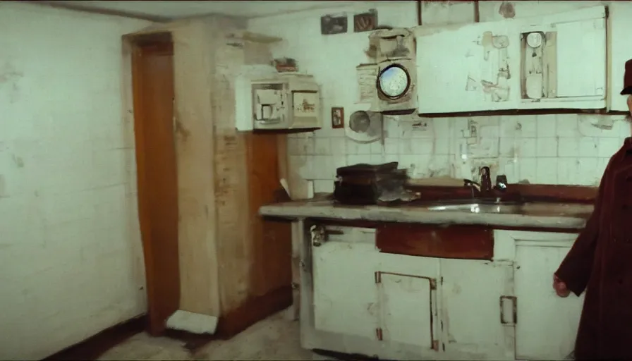 Prompt: a wax man in a stalinist style kitchen, by mini dv camera, very very low quality, heavy grain, very blurry, accidental flash, webcam footage, found footage, security cam, caught on trail cam