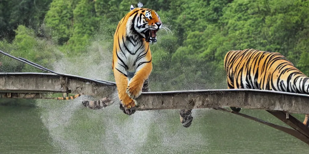 Image similar to a tiger running on a suspended bridge