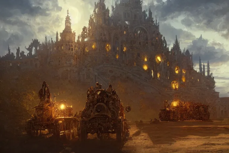 Prompt: an ornate baroque church with tank chains, mortal engines, scene in an open field. key visual, conceptart, ambient lighting, highly detailed, digital painting, artstation, concept art, sharp focus, by makoto shinkai and akihiko yoshida and greg manchess