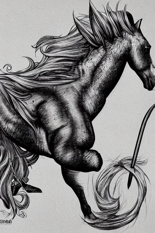 Prompt: horse with a narwhal horn, symmetrical, highly detailed, digital art, sharp focus, trending on art station, kentaro miura manga art style