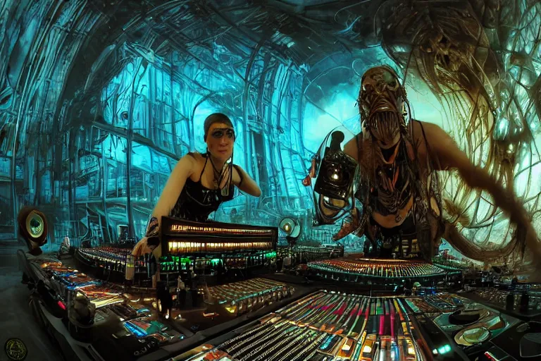 Image similar to a fisheye lens photo of a post apocalyptic tribal cyborg dj tweaking and playing synthesizers in the most complicated and technical spiral fractal musical studio, powerful, cinematic, beautifully lit, by donato giancola, by artgerm, by karol bak, 3 d, perfect face and body, trending on artstation, octane render, 8 k