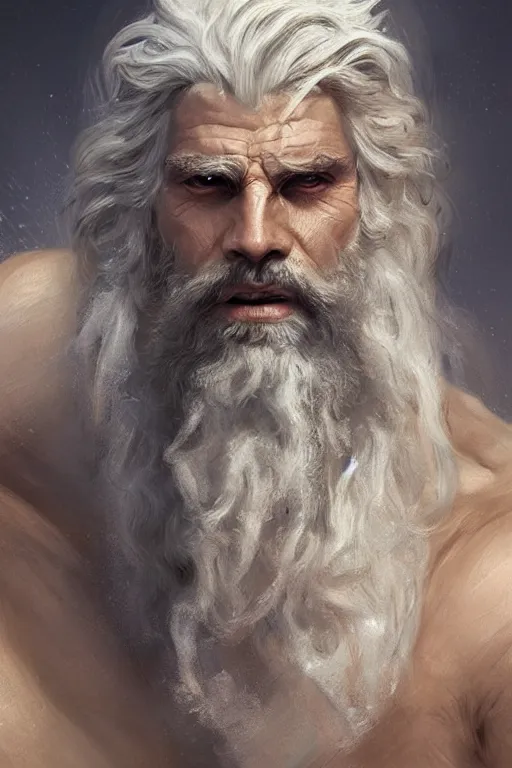 Image similar to painted portrait of rugged zeus, god of thunder, greek god, white hair, masculine, mature, handsome, upper body, muscular, hairy torso, fantasy, intricate, elegant, highly detailed, digital painting, artstation, concept art, smooth, sharp focus, illustration, art by gaston bussiere and greg rutkowski