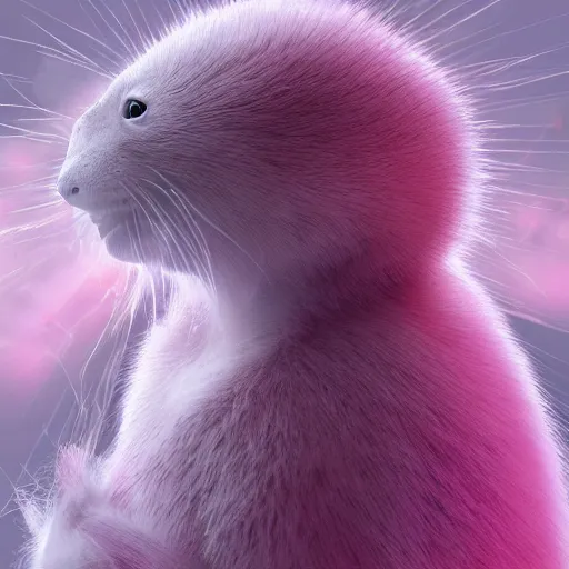 Image similar to white mink with pink nimbus of pink bacteria circle around the neck art by amano yoshitaka unreal engine hd 8k starring at camera symmetrical mink matte background