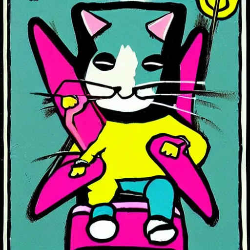 Image similar to 9 0's, 1 9 9 0 s style poster with a cat riding on a skateboard giving a peace sign ✌