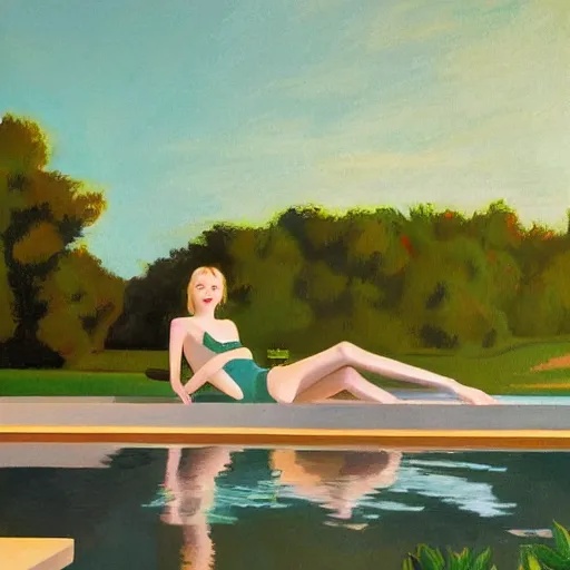 Prompt: Elle Fanning, next to a pool, golden hour, in a garden, artstation, in the style of Art Deco and Edward Hopper