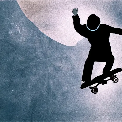 Image similar to Stephen Hawking skateboarding in air, wearing a hoodie, digital art painting.