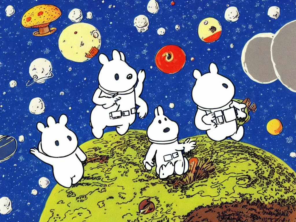 Prompt: moomins in space suits flying around with jetpacks discovering the mushroom planet, very cozy and fluffy and sweet