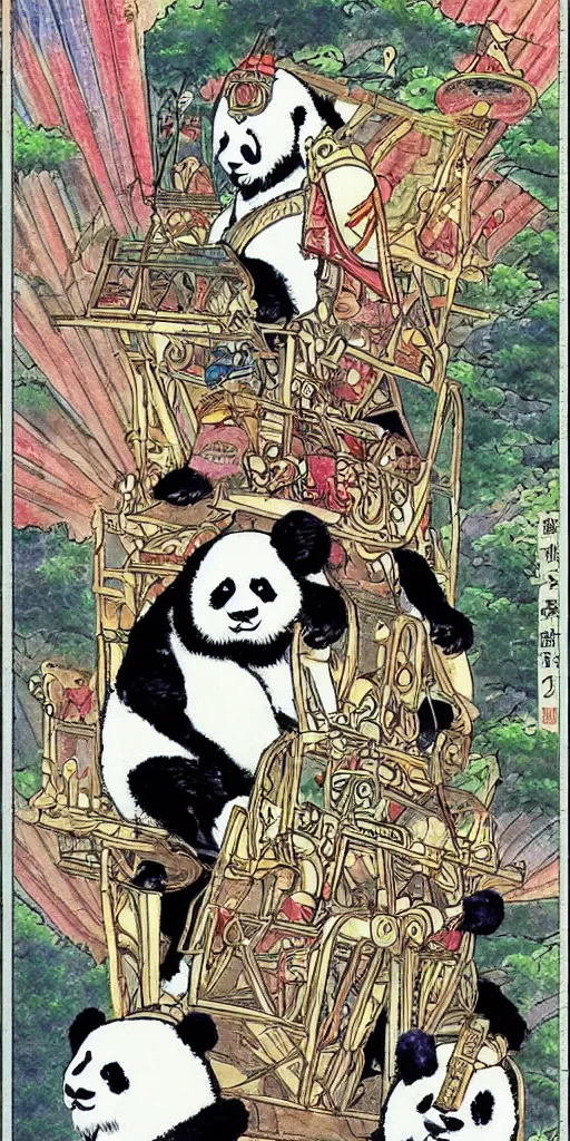 Image similar to a chariot drawn by pandas in japan, 1990s anime, full color, tarot card the chariot,