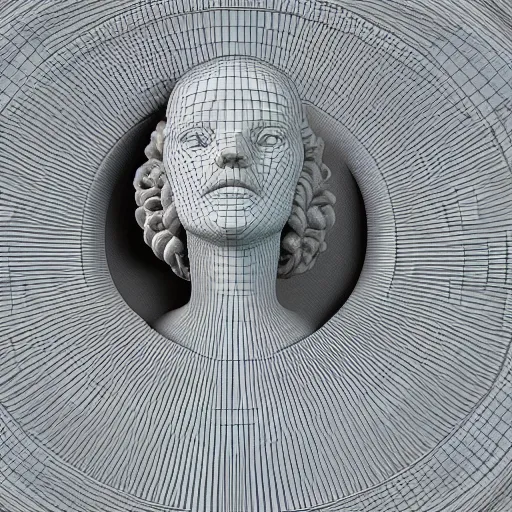 Image similar to a giant neon ring surrounding a renaissance statue head, 3 d render