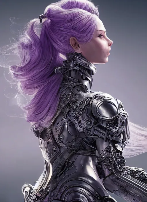 Image similar to close up portrait of a pale woman in bionic armor with purple ponytail hair, elegant, stoic, intense, sylvanas, ultrafine hyperdetailed illustration by kim jung gi, irakli nadar, intricate linework, sharp focus, octopath traveler, yoji shinkawa, highly rendered, global illumination, radiant light, detailed, intricate environment