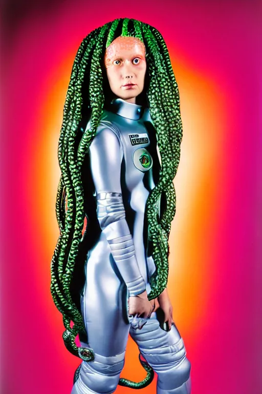 Image similar to full - length portrait of medusa gorgon in a space suit, fashion color studio lighting, 3 5 mm, close - up