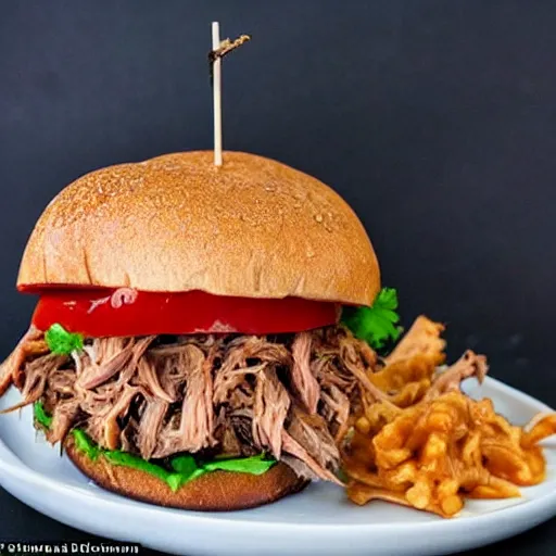 Prompt: pulled pork sandwich that looks like a monster, with eyes and shark teeth, drooling barbecue sauce