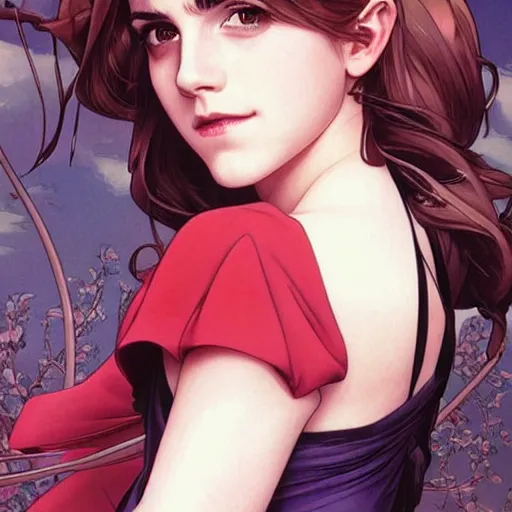 Prompt: emma watson perfect coloring, low saturation, epic composition, masterpiece, bold complimentary colors. stunning masterfully illustrated by artgerm, range murata, alphonse mucha, katsuhiro otomo