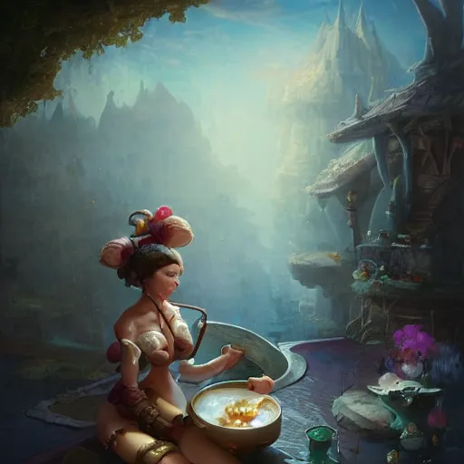 Image similar to Little Miss is sitting on her Tuffet eating a bowl of curds and whey, summer, 8k resolution matte fantasy painting, cinematic lighting, DeviantArt, Artstation, Jason Felix Steve Argyle Tyler Jacobson Peter Mohrbacher