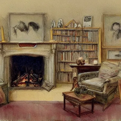 Prompt: (((((((knome house living room with blazing fireplace with books))))))) . muted colors. by Jean-Baptiste Monge !!!!!!!!!!!!!!!!!!!!!!!!!!!!!!!!!!!!!!!! ((((((((((((((((((watercolor sketch))))))))))))))))))