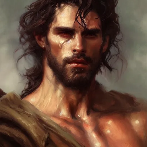 Prompt: painted portrait of ruggedly handsome hades greek god by greg rutkowski gaston bussiere [ long jet black wavy hair ] focused on face, muscular physique masculine manly mature, robe fantasy intricate elegant detailed digital painting concept art artstation sharp focus illustration red paint