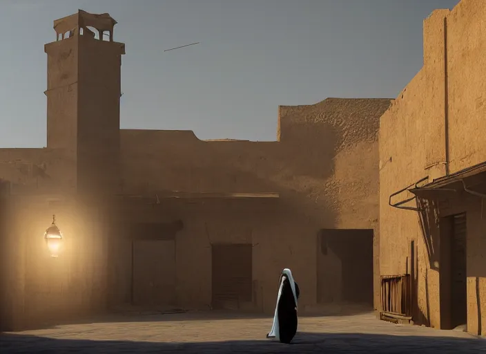 Image similar to old jeddah city alley, roshan, old shops, horse, magical glowing portal to another dimension, a man wearing a white robe standing watching over, dramatic lighting, dawn, by caspar david friedrich, unreal engine 5