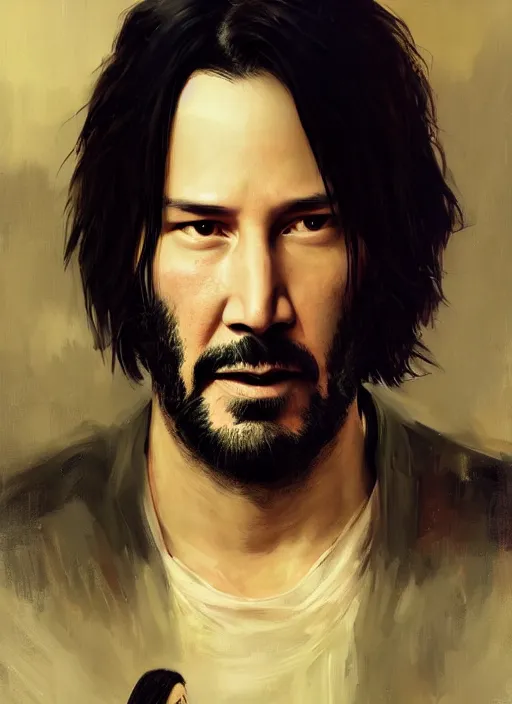 Image similar to grandiose epic portrait of keanu reeves detailed painting, modern arstation style, 4 k, greg rutkowski, magalie villeneuve