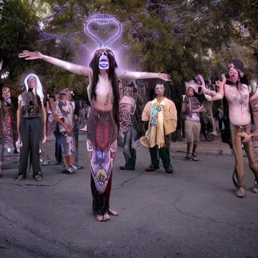 Prompt: third eye urban shaman congregation, singing and dancing abducted by ovnis in los angeles streets, abducted by a biomechanoid time machine tunnel thunder energy portals, communicating telepathically with mother earth gaia goddess, by gregory crewdson