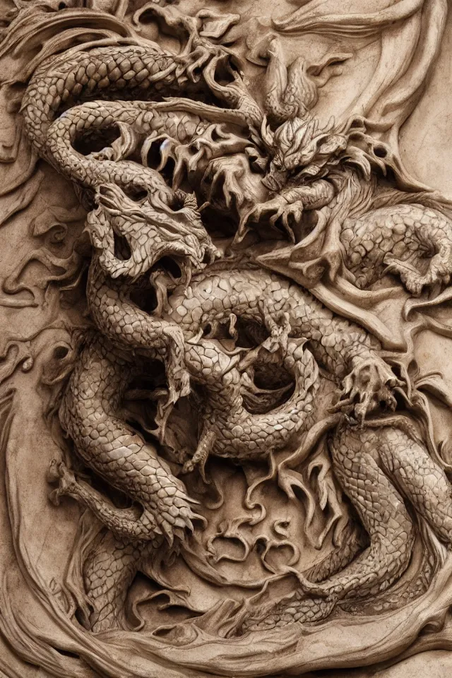 Image similar to photograph of a sculpture on the marble of a hyper detailed dragon on clay made from bernini