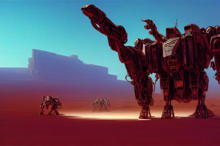 Image similar to gigantic mecha walking through the desert, intricate, elegant, dramatic lighting, highly detailed, artstation, concept art, smooth, sharp focus, illustration, art by syd mead and beksinski