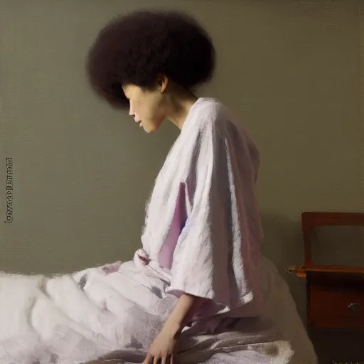 Image similar to girl with afro, in kimono, backview, sitting on edge of bed, by jeremy lipking, tim rees, joseph todorovitch