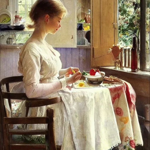 Prompt: beautiful blonde woman making breakfast morning painting volegov carl larsson