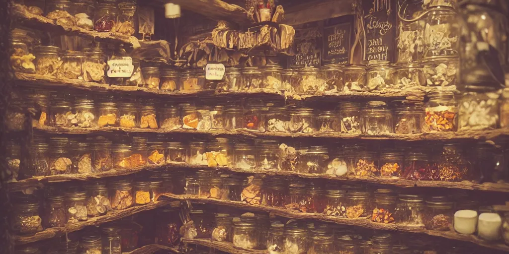 Prompt: Inside an old fashioned sweet shop, sweet jars on shelves with beautiful labels, fantasy vendor interior, wide angle, cinematic, highly detailed, cinematic lighting, photorealistic, colourful, trending on artstation