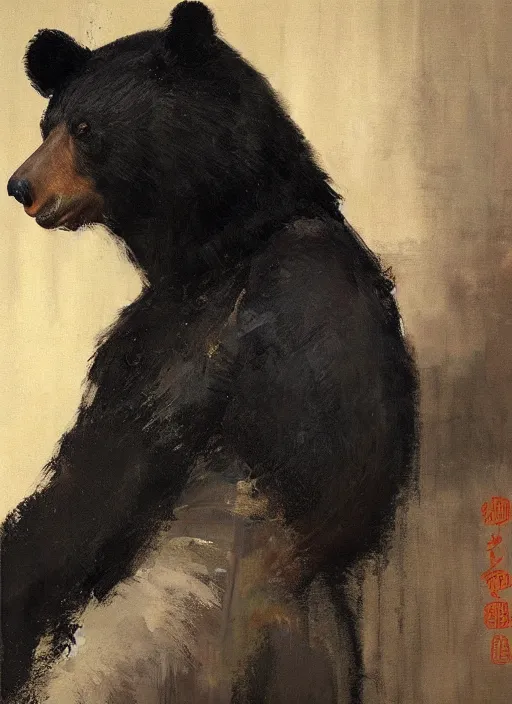 Image similar to portrait painting of anthropomorphic black bear in traditional japanese clothes by jeremy mann, only one head single portrait