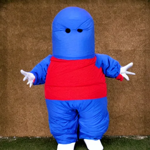 Prompt: bean shaped red and blue colored stylized hazmat costume filled with stuffing