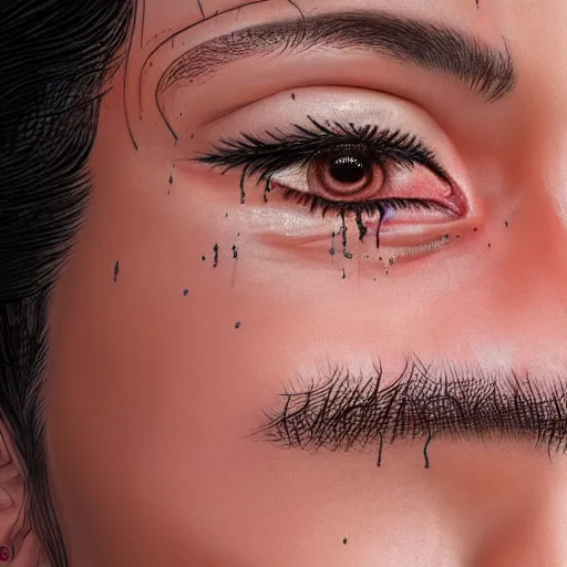 Prompt: closeup of sweating forehead with sweat on it, big drops of sweat, big beads of sweat, sweat drops, airbrush painting, forehead only, by Hajime Sorayama, trending on artstation, beautiful lighting, sharp, details, hyper-detailed, HD, HDR, 4K, 8K