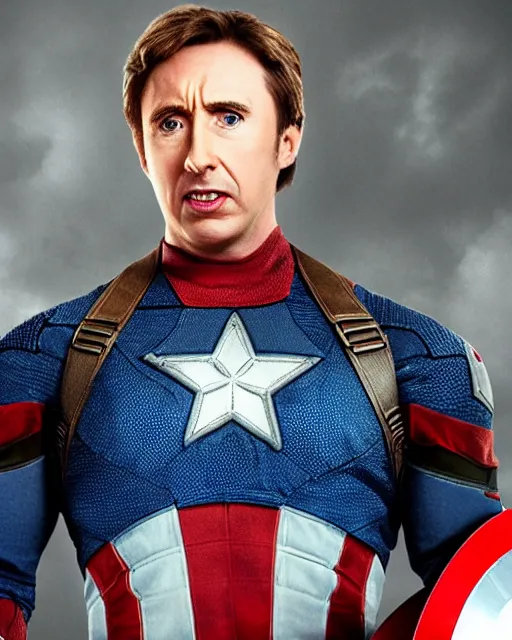 Image similar to film still close - up shot of alan partridge as captain america from the movie captain america : the first avenger. photographic, photography