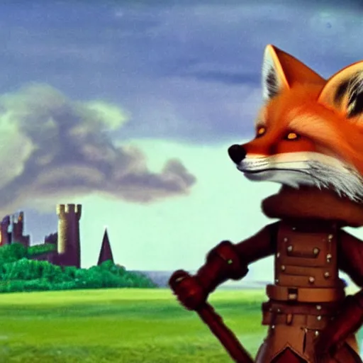 Prompt: anthropomorphic fox!! who is a me - dieval knight holding a swo - rd towards a stormy thundercloud [ 1 9 3 0 s film still ], ( castle in the background )