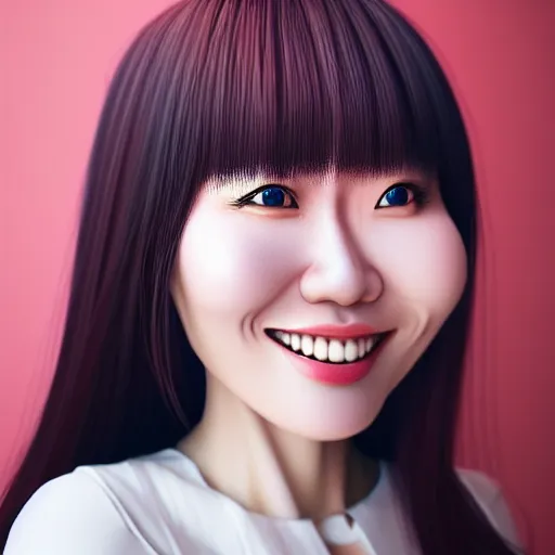 Image similar to beautiful hyperrealism selfie of nikki 苏 暖 暖 from shining nikki, a cute 3 d young woman smiling sofly, long light pink hair and full bangs, flushed face, small heart - shaped face, amber eyes, chinese heritage, golden hour, 8 k, sharp focus, instagram
