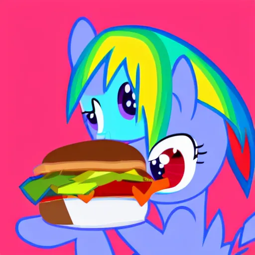 Prompt: rainbow dash eating a hamburger