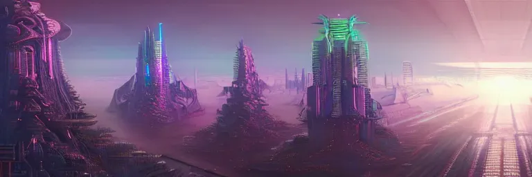 Image similar to a sprawling cybernetic temple, a large hi - tech city, and a river surrounded by fractal mountains, volumetric clouds, cybernetic faces, vaporwave aesthetic, colorful, psychedelic, digital painting, artstation, concept art, smooth, sharp focus, illustration, art by artgerm and greg rutkowski and alphonse mucha