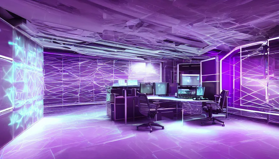 Prompt: geometric, cave like control panel room with led computer interfaces on every surface. purple and yellow color scheme, dark lighting, high contrast, octane render, ray tracing, 4 k, high quality desktop wallpaper