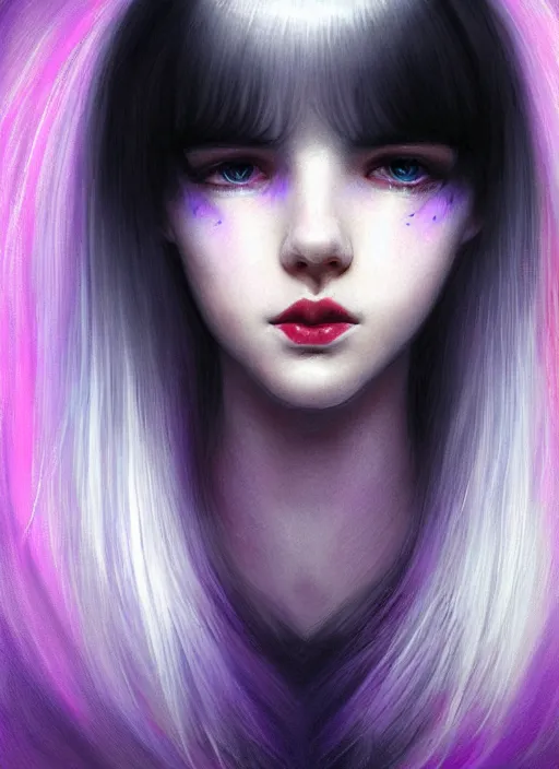 Image similar to hair whitebangs hair, black hair, whitebangs, portrait of teenage girl with white bangs, red irises, purple clothes, white bangs, bangs are different color from hair, intricate, elegant, glowing lights, highly detailed, digital painting, artstation, concept art, smooth, sharp focus, illustration, art by wlop, mars ravelo and greg rutkowski