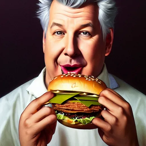 Image similar to portrait of a Marc Summers eating a hamburger, extra onions and ketchup, luscious patty with sesame seeds, masculine, handsome, D&D, fantasy, intricate, elegant, highly detailed, digital painting, artstation, concept art, matte, sharp focus, illustration, art by Artgerm and Greg Rutkowski and Alphonse Mucha